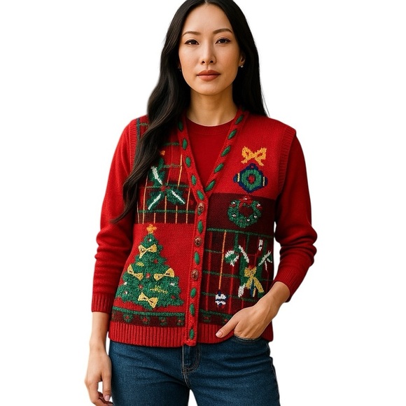 Jennifer Moore Festive Ugly Christmas Sweater Vest Women's L Red Hand Knitted - Picture 1 of 17